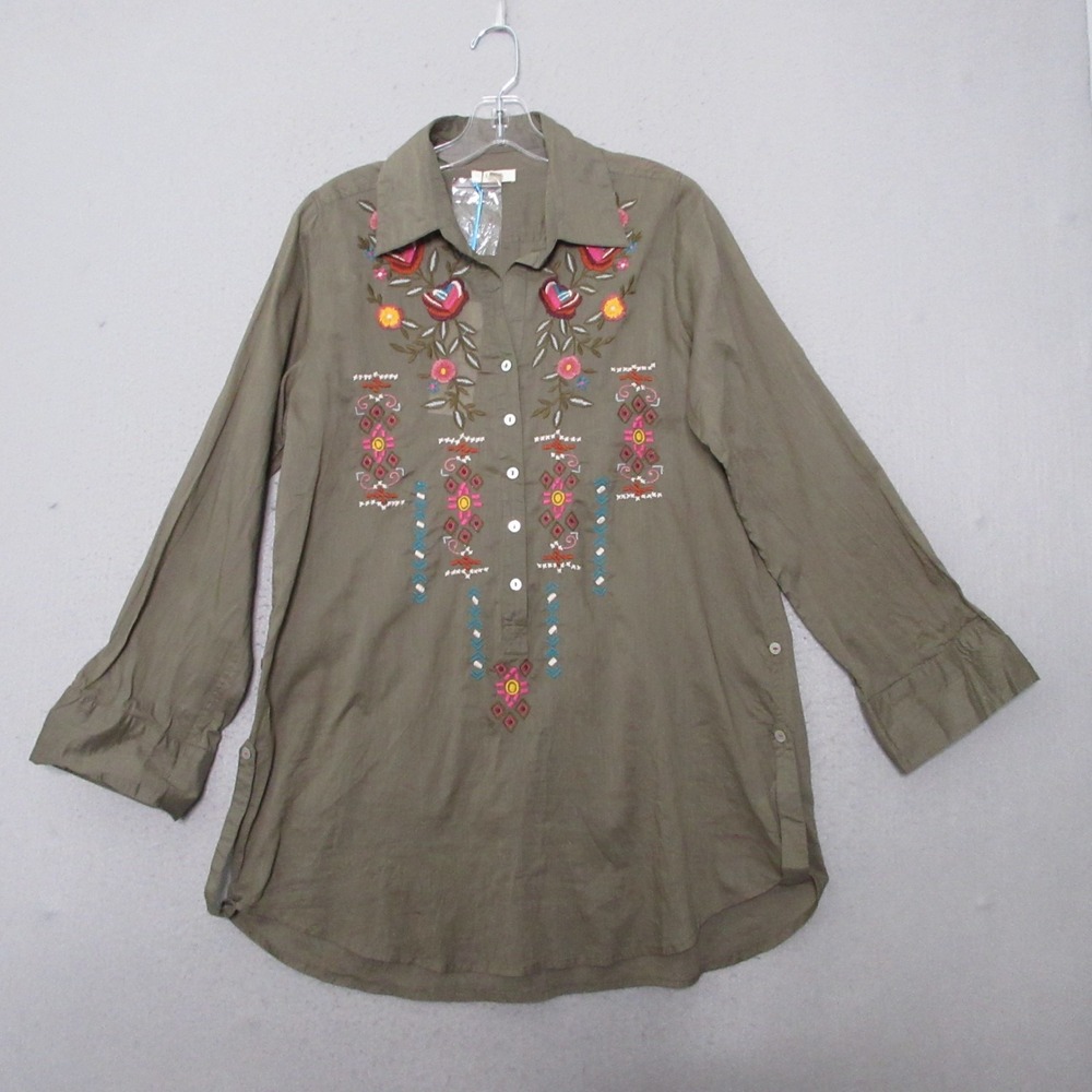 Kyla Seo Top Tunic Small Green Floral Embroidered Boho Cotton USA Festival NWT